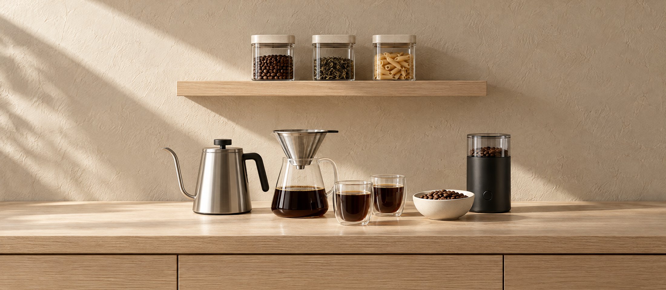 Kettle, pour-over carafe, glasses and grinder on an oak kitchen counter
