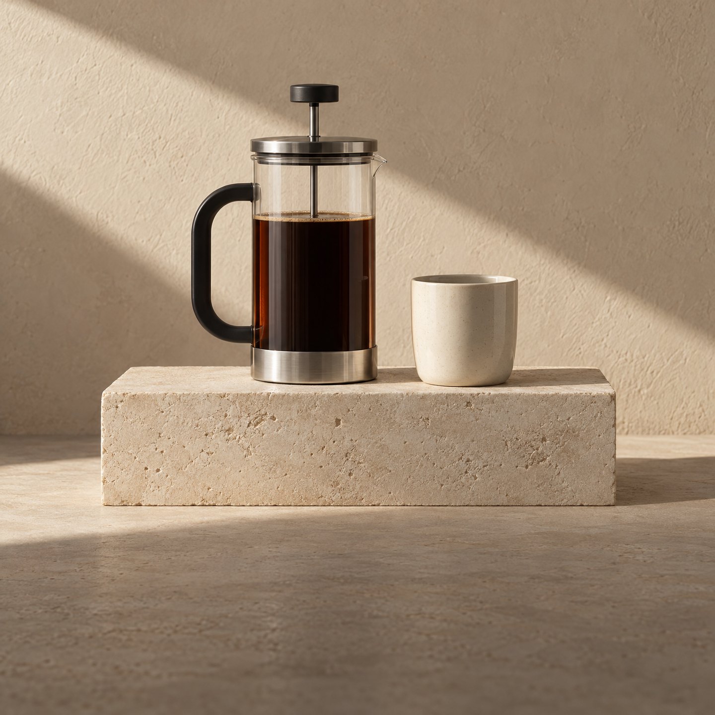 Glass French press with coffee and a ceramic cup on a limestone block