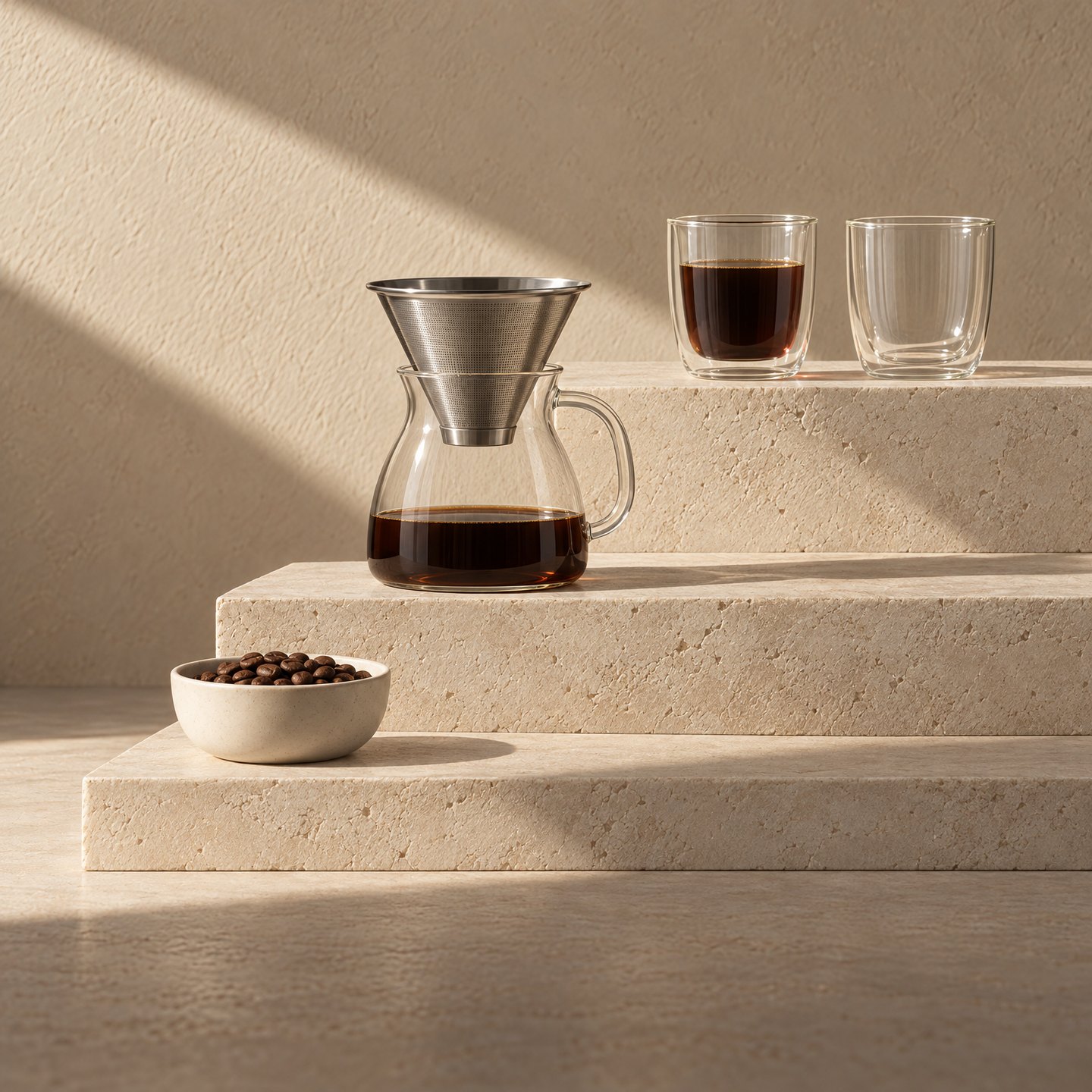Pour-over filter on a glass carafe and double-wall glasses on limestone steps