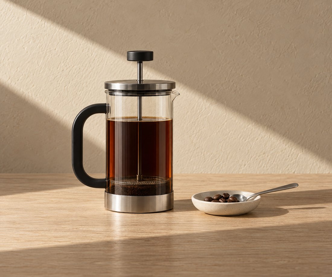Glass French press with the plunger pressed down beside a dish of coffee beans
